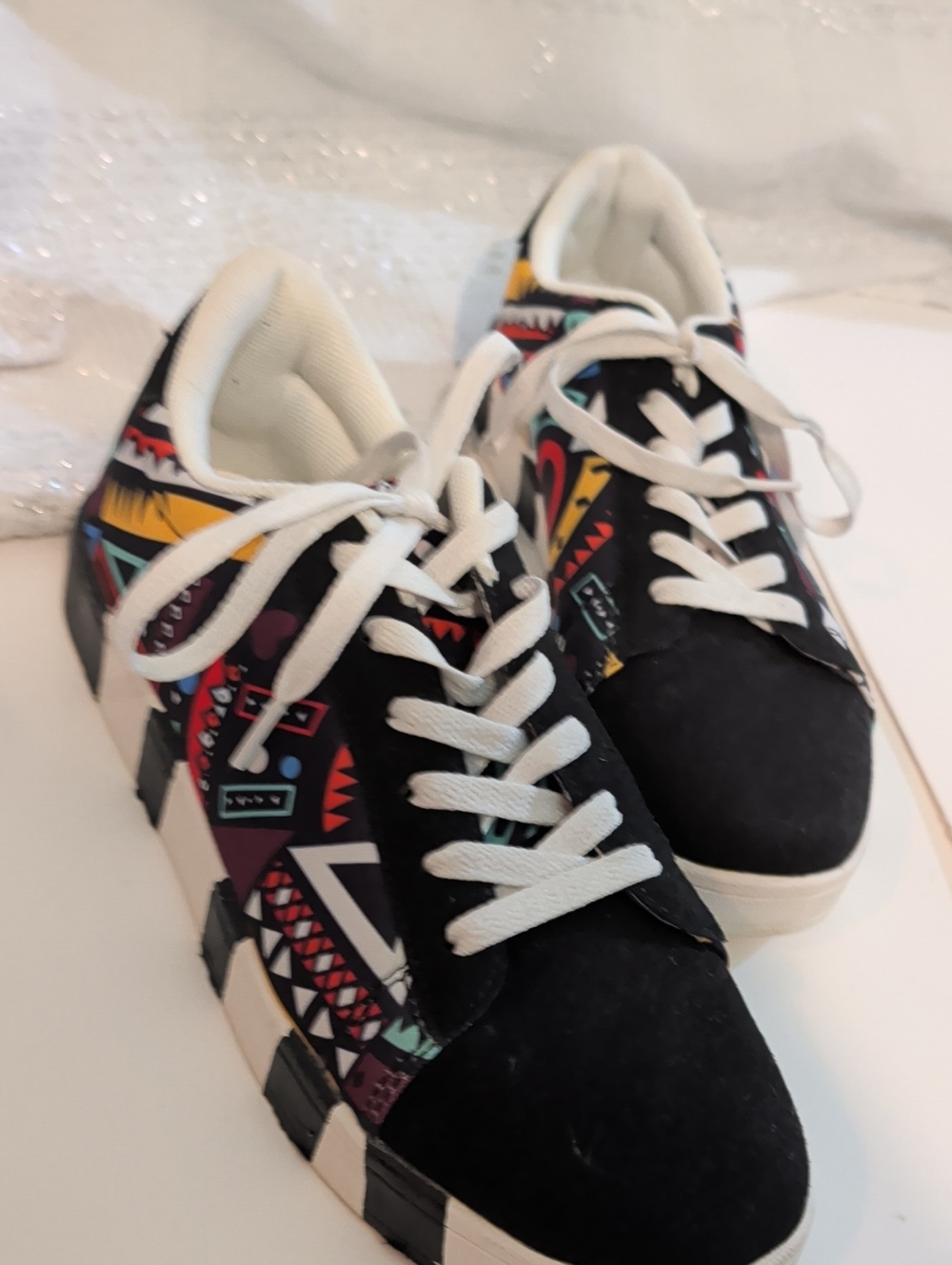 Black Geometric-Print Low-Top Sneakers for Women